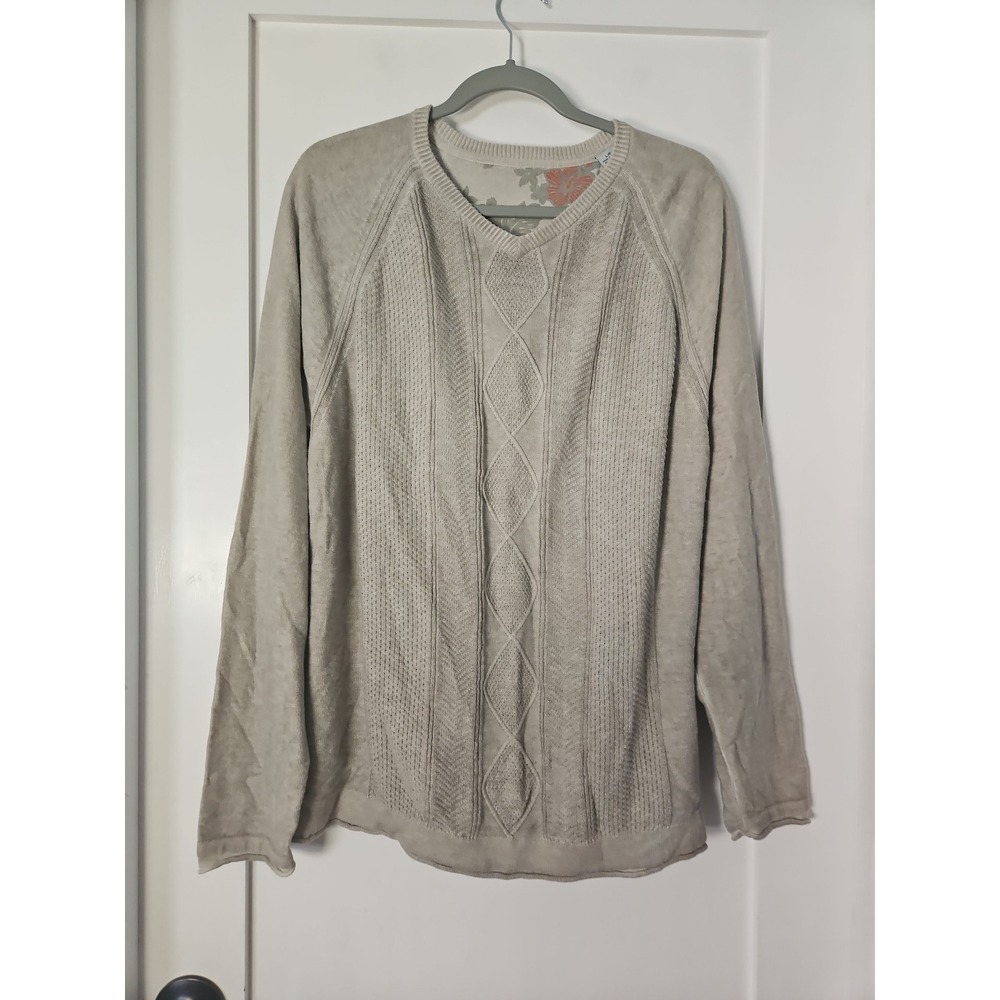 Tommy Bahama Men's Large Cotton Linen Blend Cable Knit Sweater Beige V-Neck L